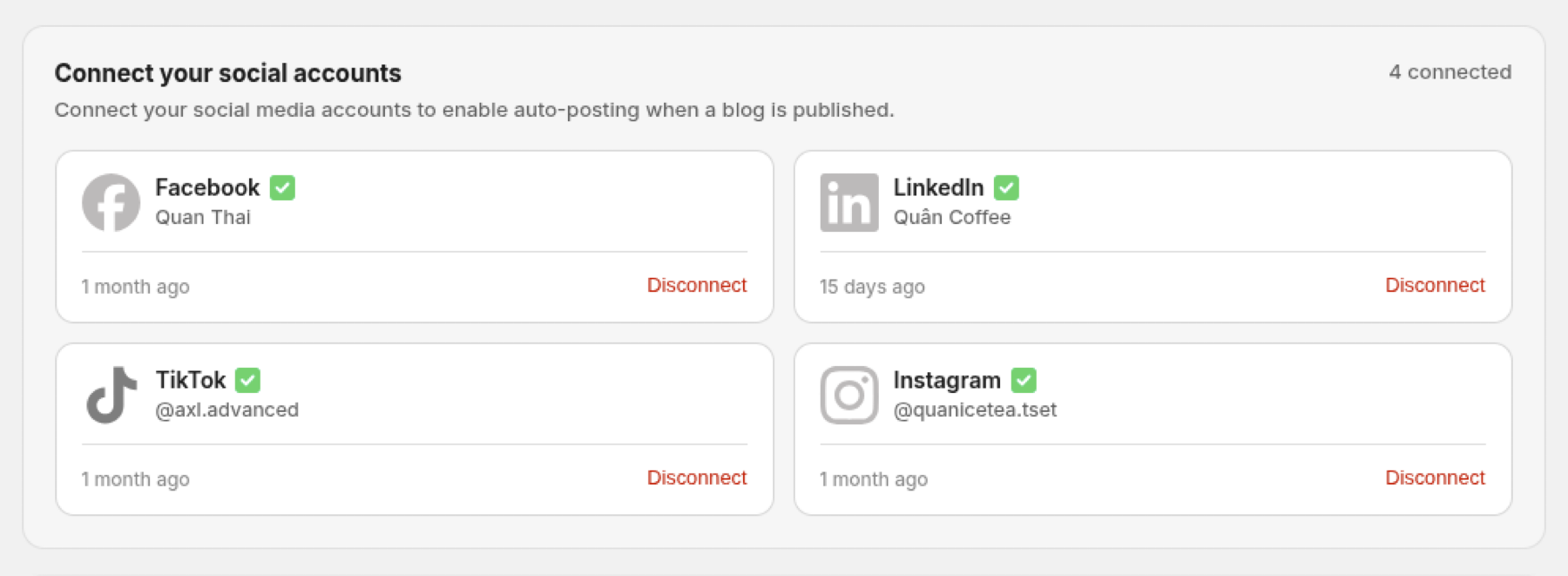Connect your social accounts section with Facebook, Instagram, and TikTok connections