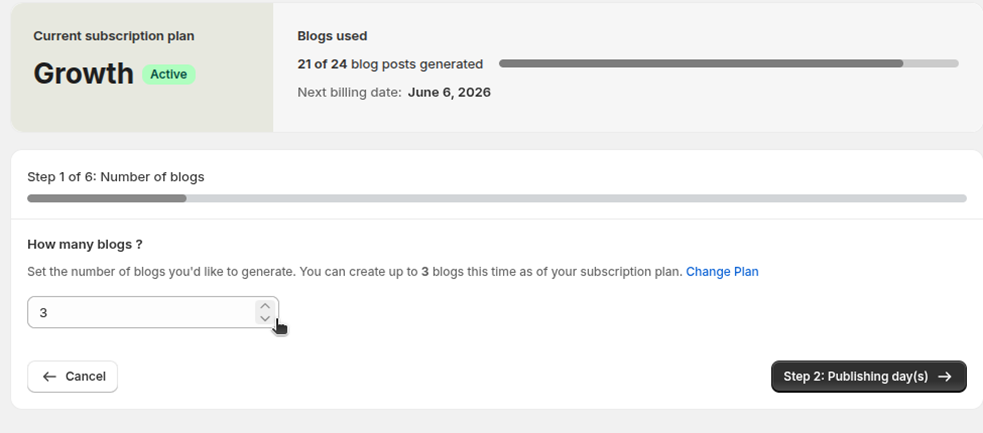Step 1 of the generation flow: choosing the number of blogs with plan limit shown