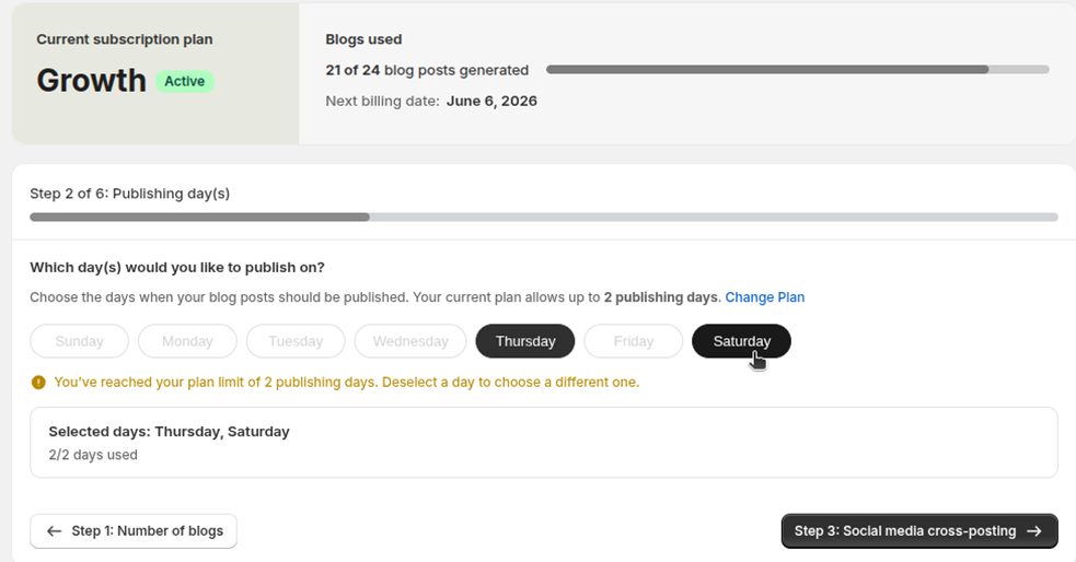 Step 2 of the generation flow: choosing weekly publishing days with a plan limit warning