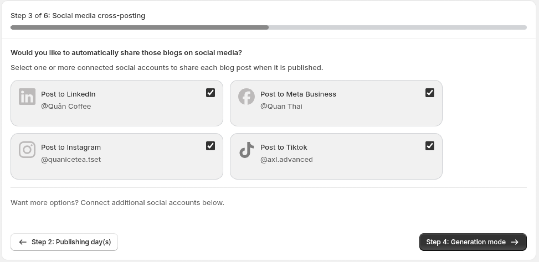 Step 3 of the generation flow: selecting connected social accounts for automatic cross-posting