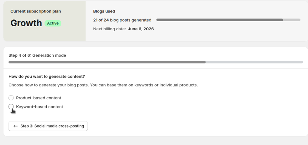 Step 4 of the generation flow: choosing between product-based and keyword-based content