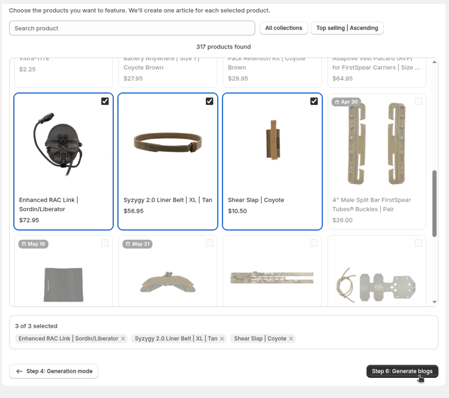 Product selection screen with search, collection filter, sorting, and selected products