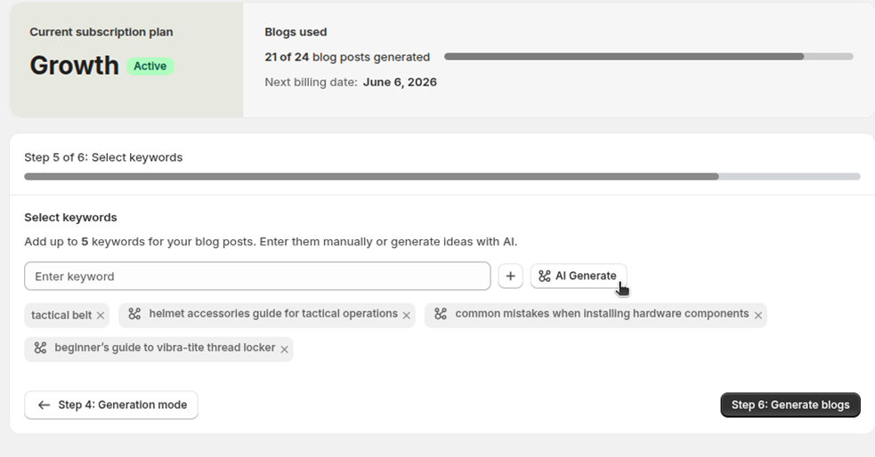 Keyword selection screen with manual entry, AI-generated keyword ideas, and keyword chips