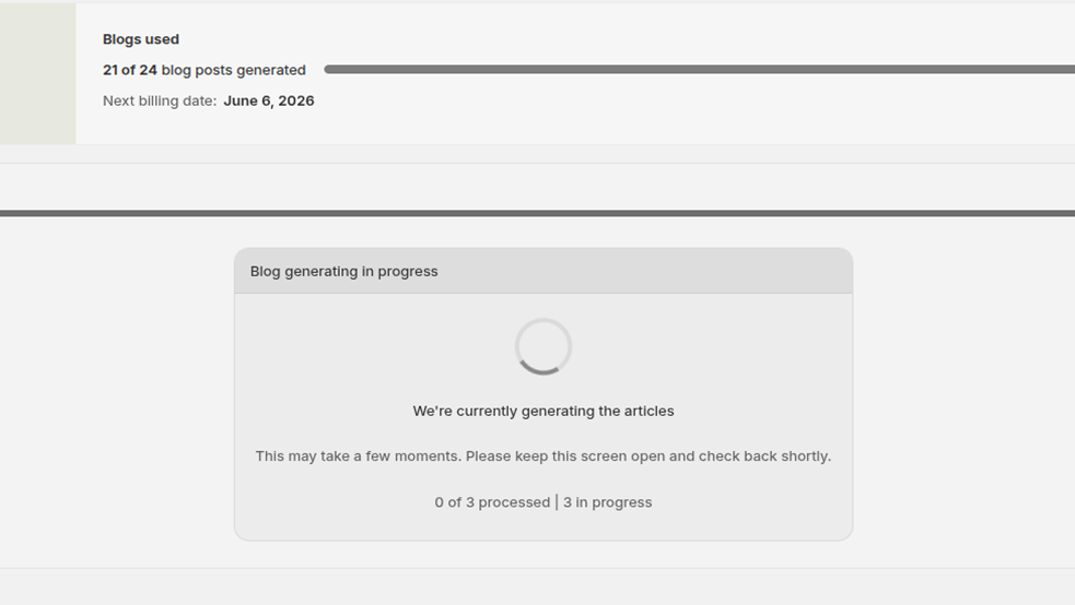 Generation progress screen showing articles processed and in progress
