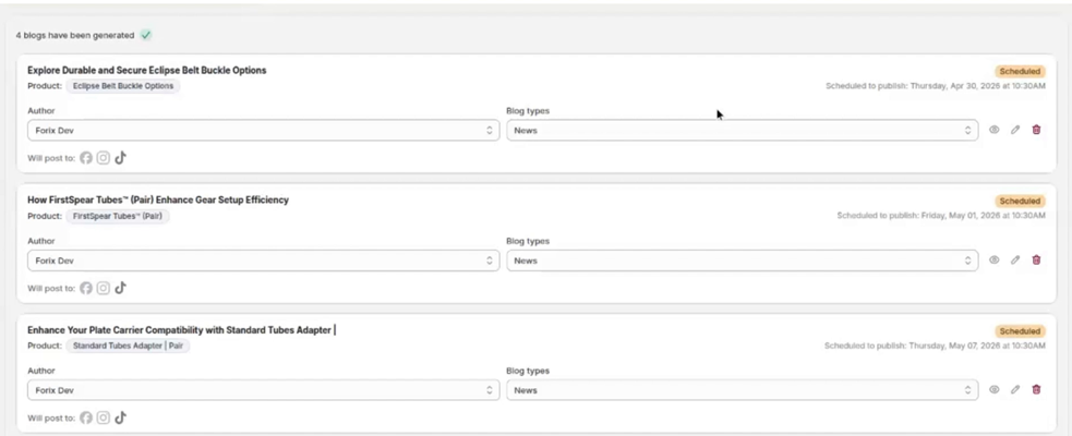 Generated batch review view listing each article with scheduled date, blog type, author, and social platforms